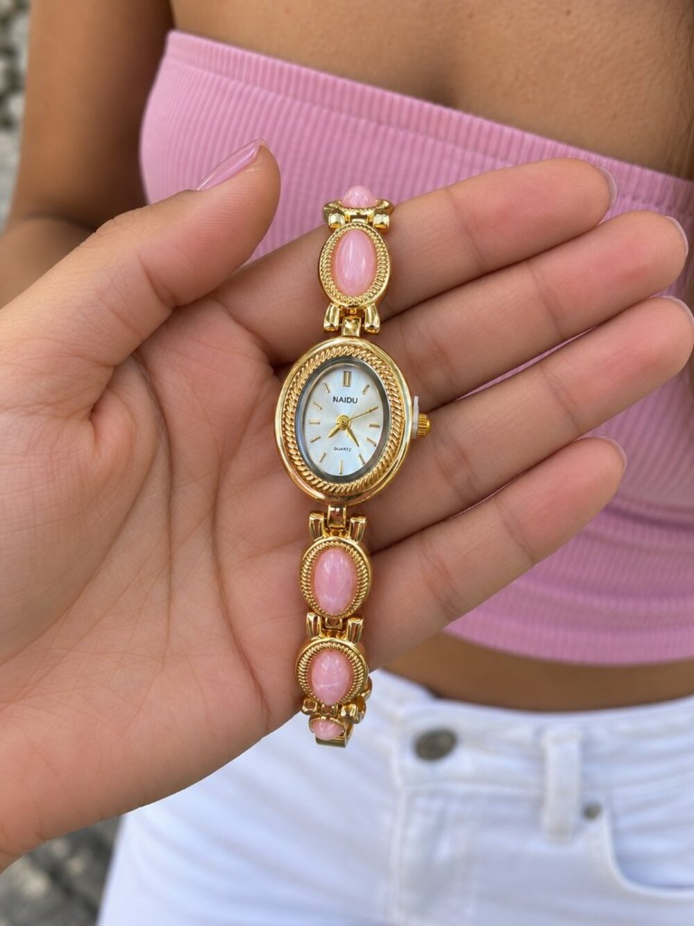 Y2K Gold Pink Stone Oval Dial Bracelet Watch Coquette Preppy OS